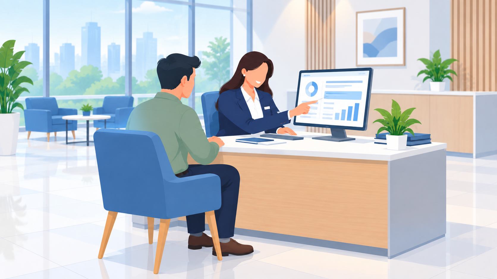 Pointing at a screen during a customer meeting